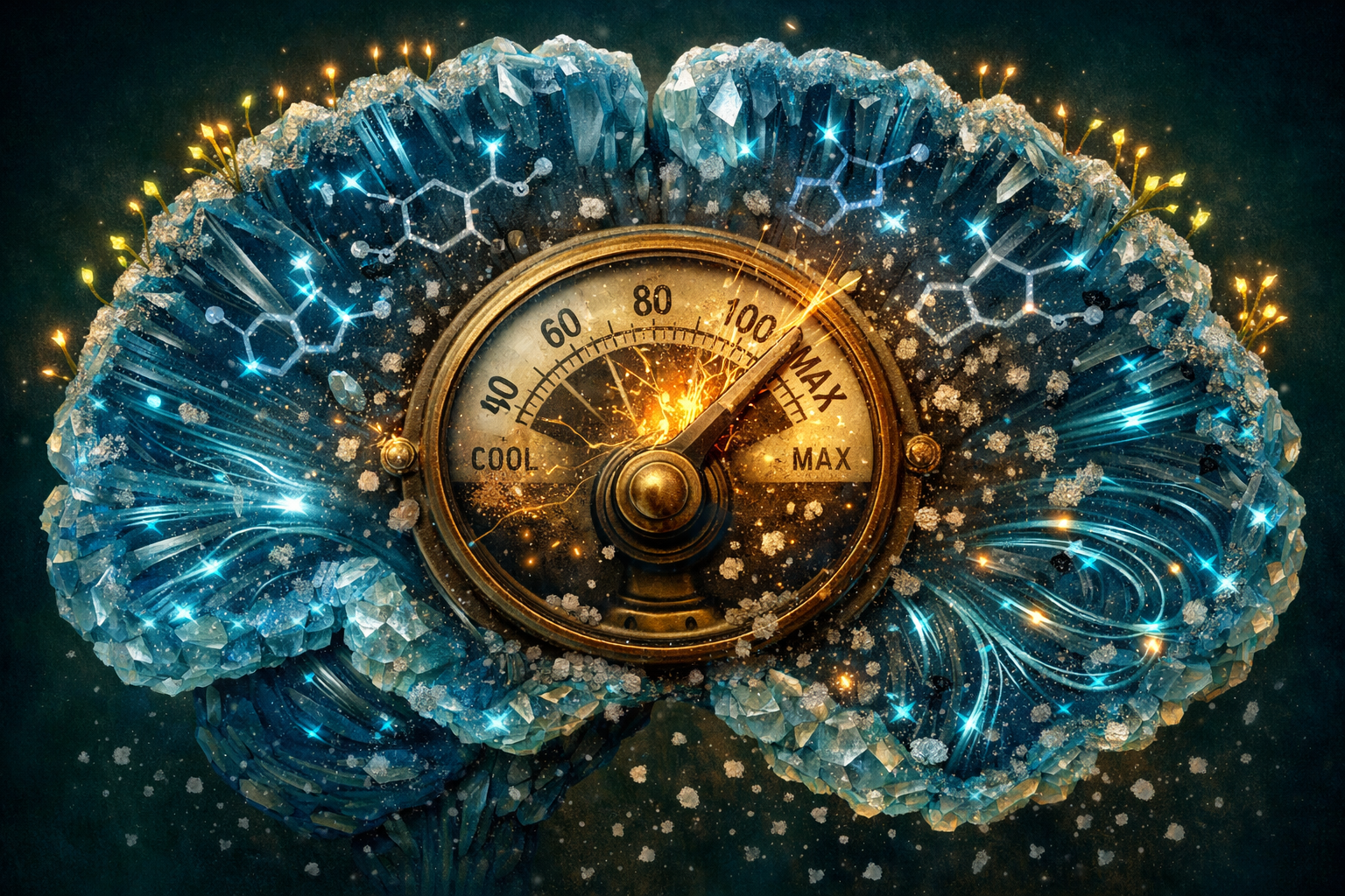 A crystalline brain with a broken thermostat inside, serotonin molecules fading to grey